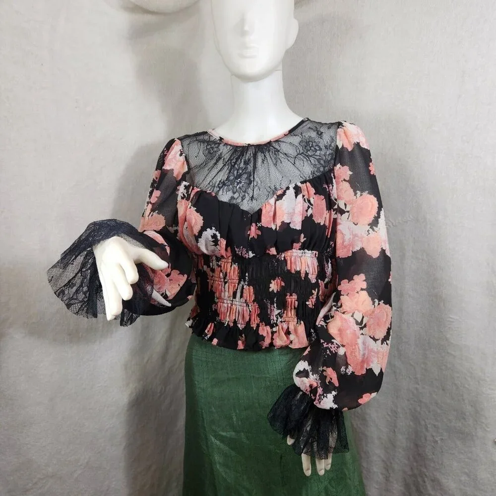 Free People Women's Size M Daphne Blouse Long Sleeve Lace Floral Black New 37